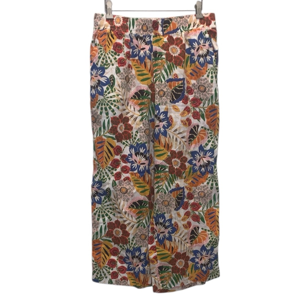 C&C California Linen Pants L Wide Leg Floral Print Pull On Colorful Relaxed